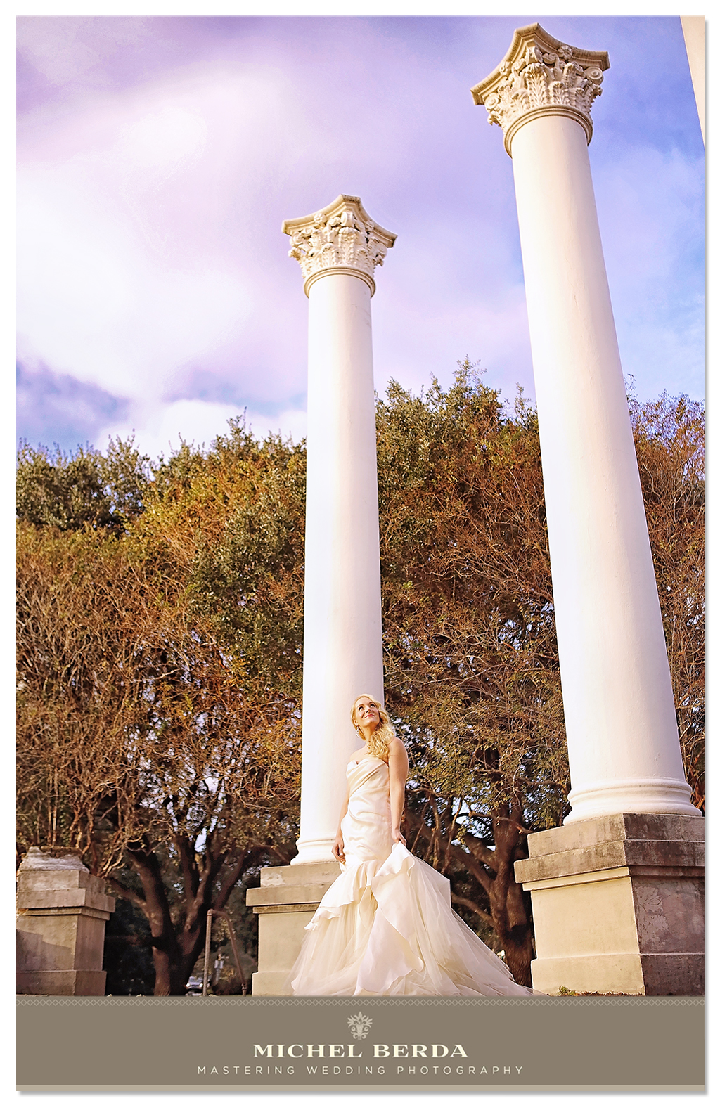 bridal portrait Cannon Park columns